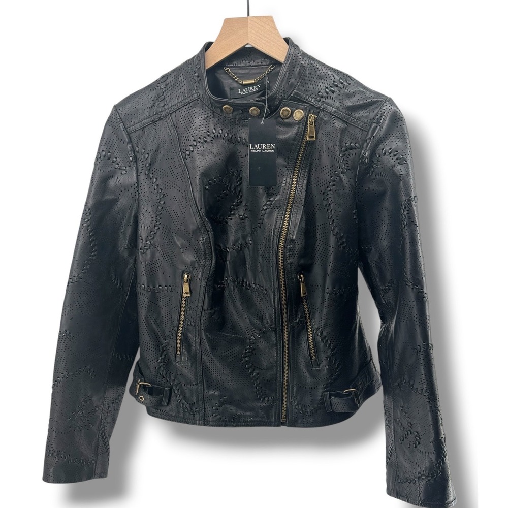 Ralph Lauren Moto Jacket NEW Women 8 Black Laser Cut Leather Biker Chic Luxury - Picture 3 of 12